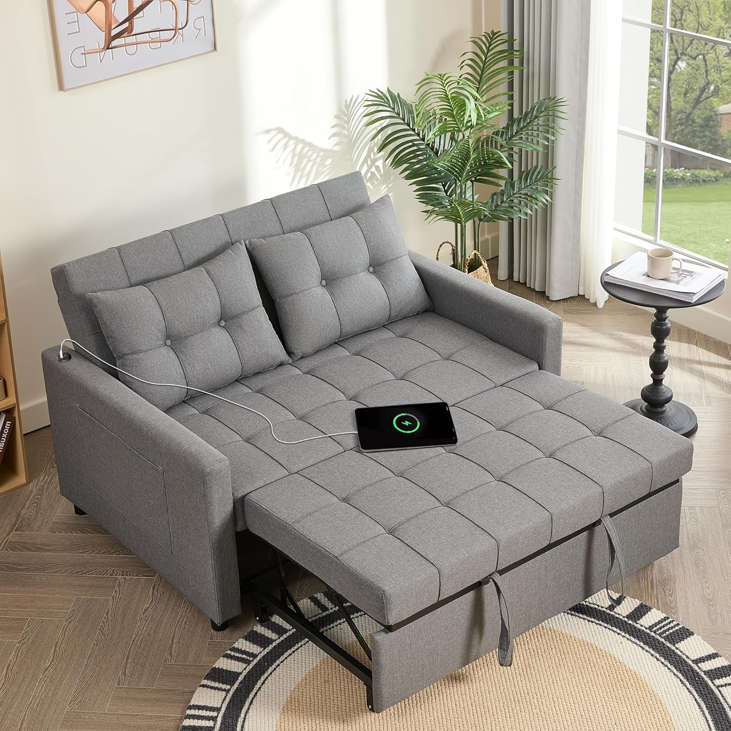 52 Sleeper Sofa with Pull-Out Bed, 3-in-1 Convertible Sofa Bed, Set of Loveseat with Stepless Adjustable Backrest and Side Pocket, for Living Room Dorm Apartment, Linen, Light Gray
