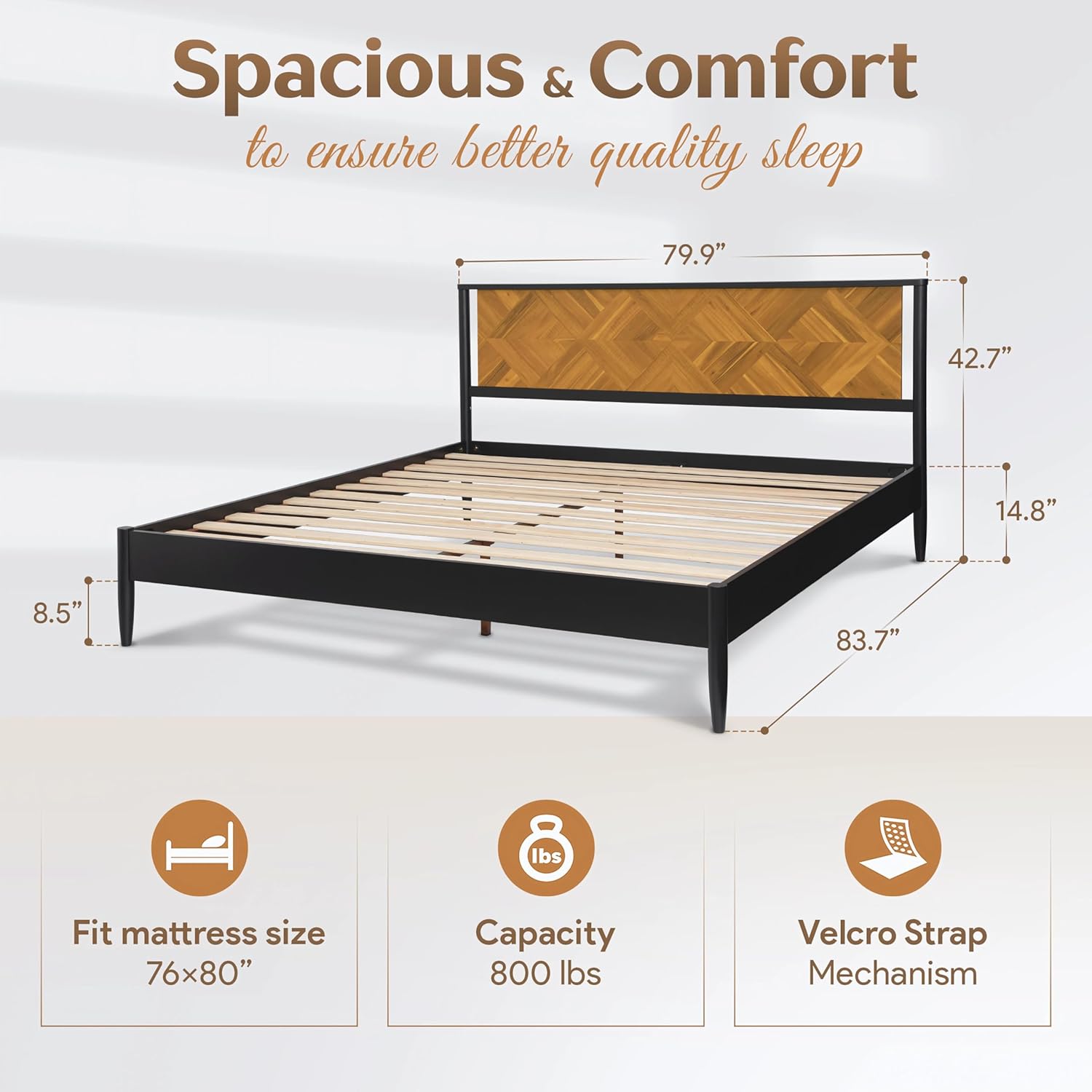 14 Inch Premium Solid Wood Bed Frame with Headboard, Rustic Farmhouse Style Platform Bed Made of 100% Solid Acacia Wood, No Box Spring Needed, King Size, Rustic Golden Brown (Lenia Collection)