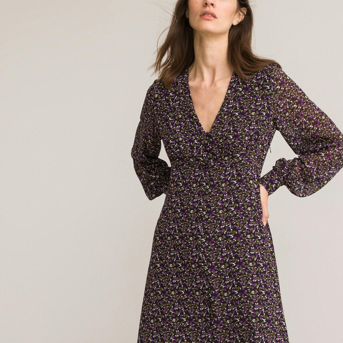 Robe encolure v, imprimé floral, longueur midi