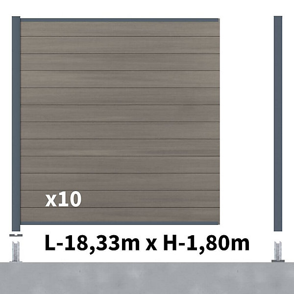 Kit clôture composite poteau sur platines - CRUZ Argent H-1,8m