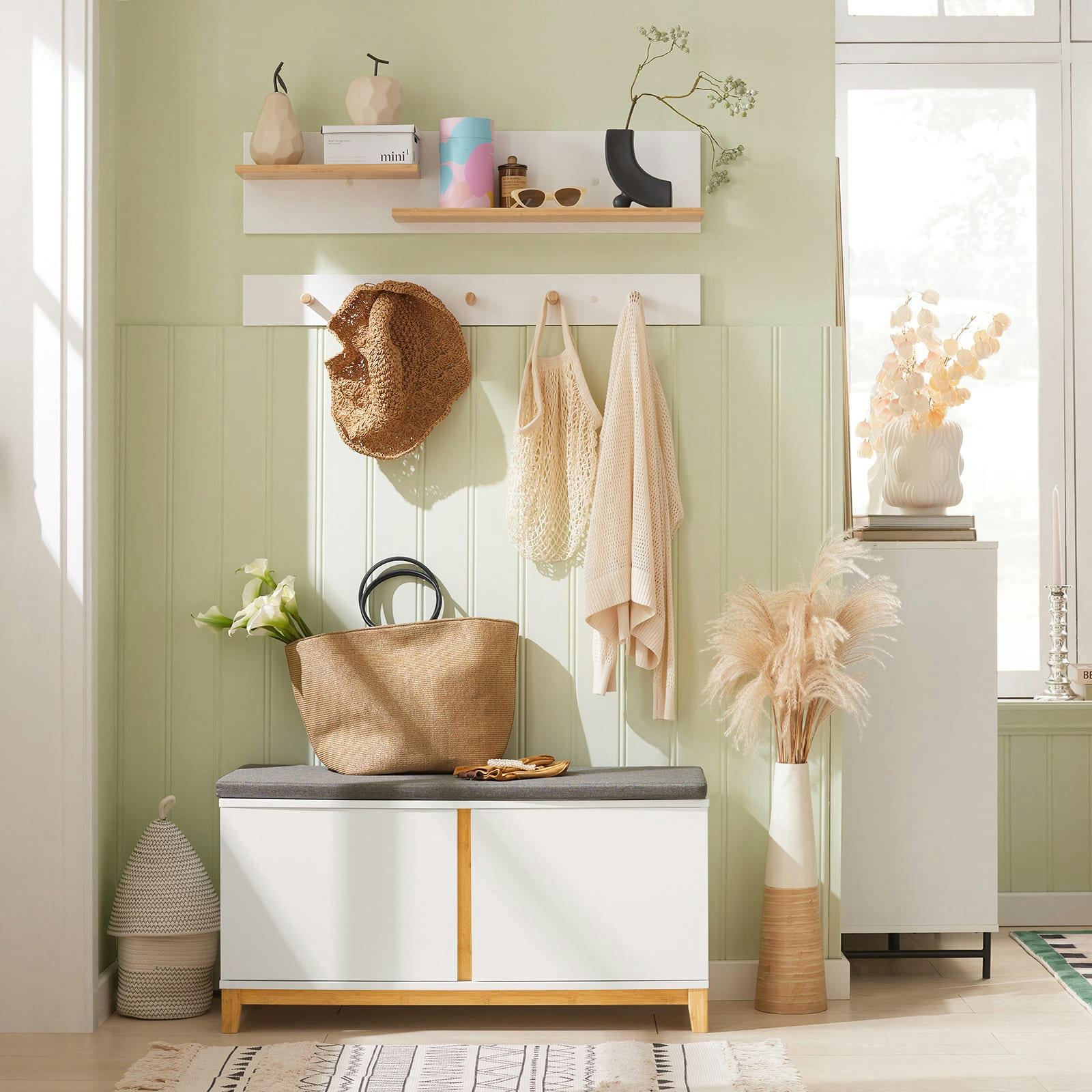 - Banc d'entrée 2 portes effet bois blanc