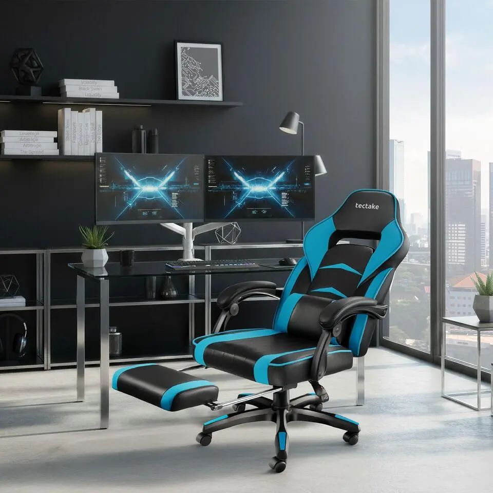 tectake Racing bureaustoel Comodo met voetsteun , Zwart/Azuur