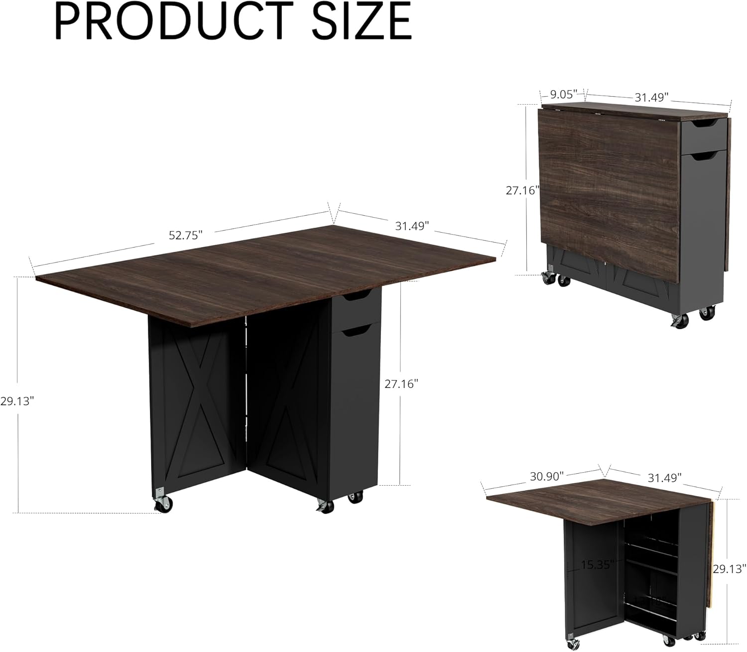 Folding Dining Table with 6 Wheels, Drop Leaf Tables for Small Spaces, Foldable Dining Table with 2-Layer Storage Rack, Kitchen Table with Drawer (Brown Wood and Black)