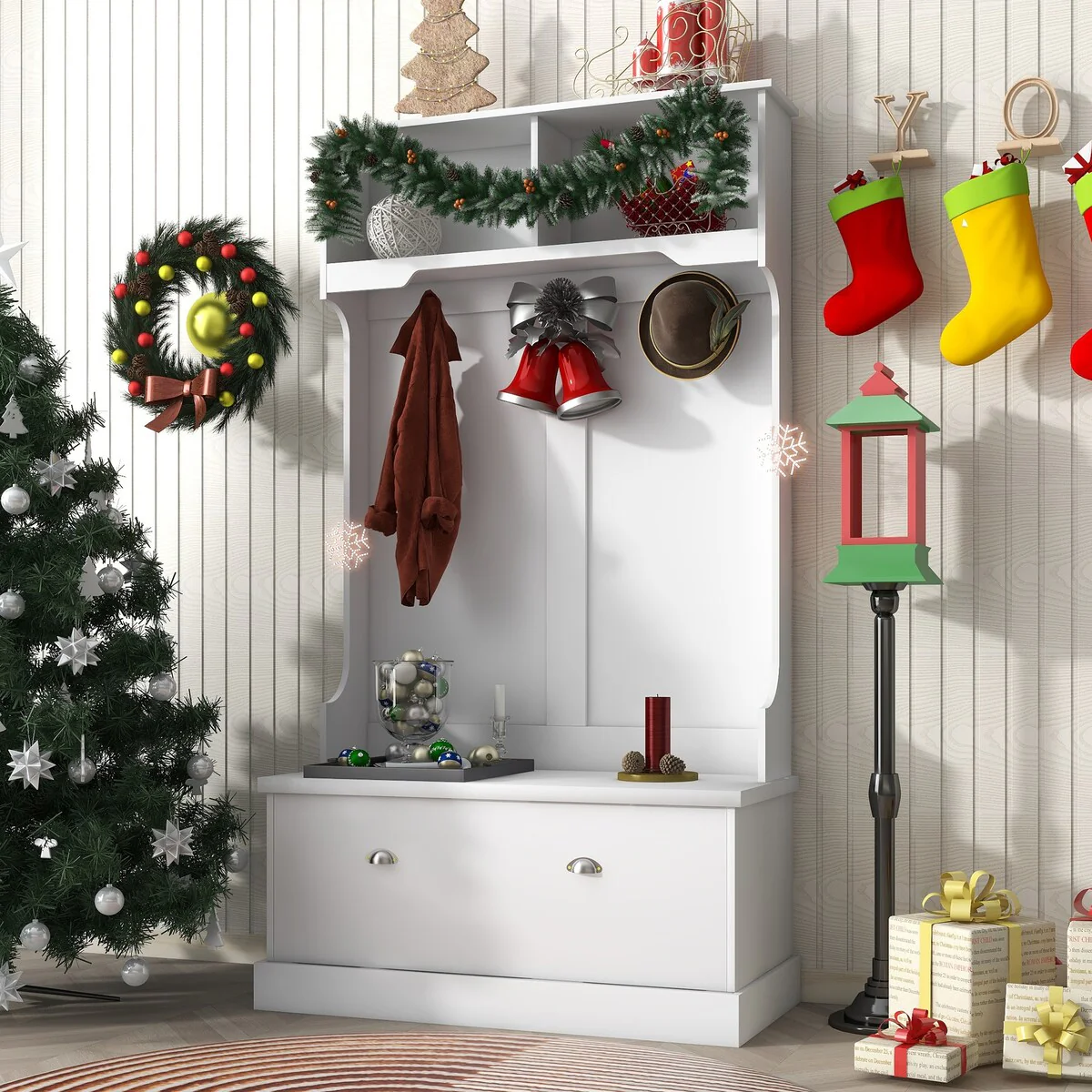 Entryway Storage Bench Hall Tree with 4 Hooks, Coat Hanger