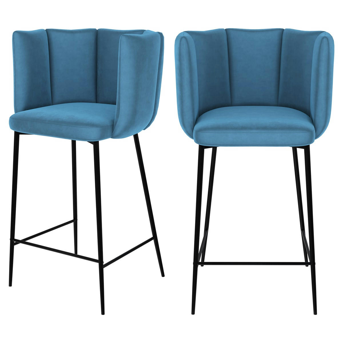 ROSY - Chaise de bar en velours bleu et pieds en métal 67 cm (lot de 2)