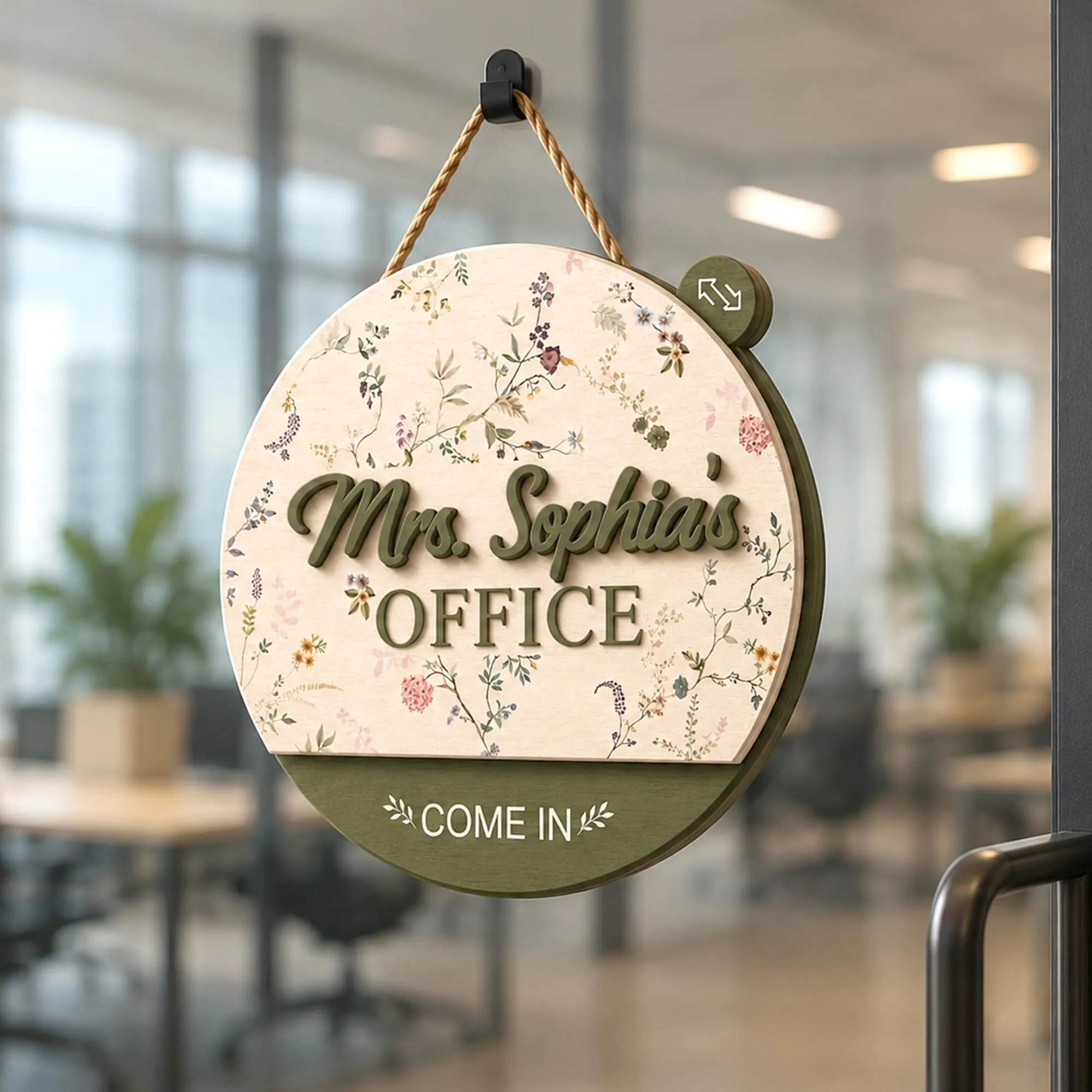 Personalized Rotating Floral Office Door Sign, Custom Office Status Spinner, Teacher Wooden Door Sign, Office Name Plaque, Office Decor Gift