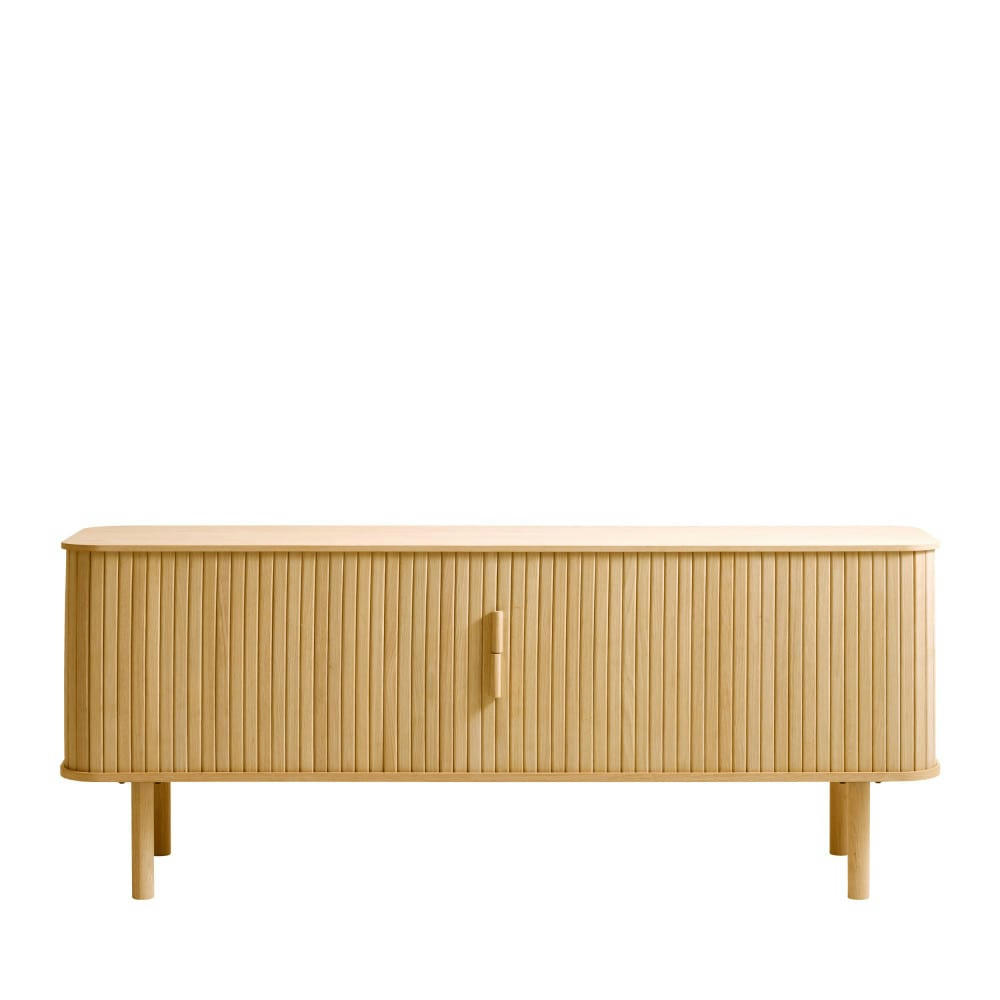 CALLAN - Meuble TV aux portes coulissantes en bois strié L160cm bois clair