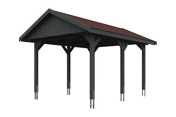 Carport SKAN HOLZ Wallgau 380 x 500 cm, traitement coloré gris ardoise, avec bardeaux rouge