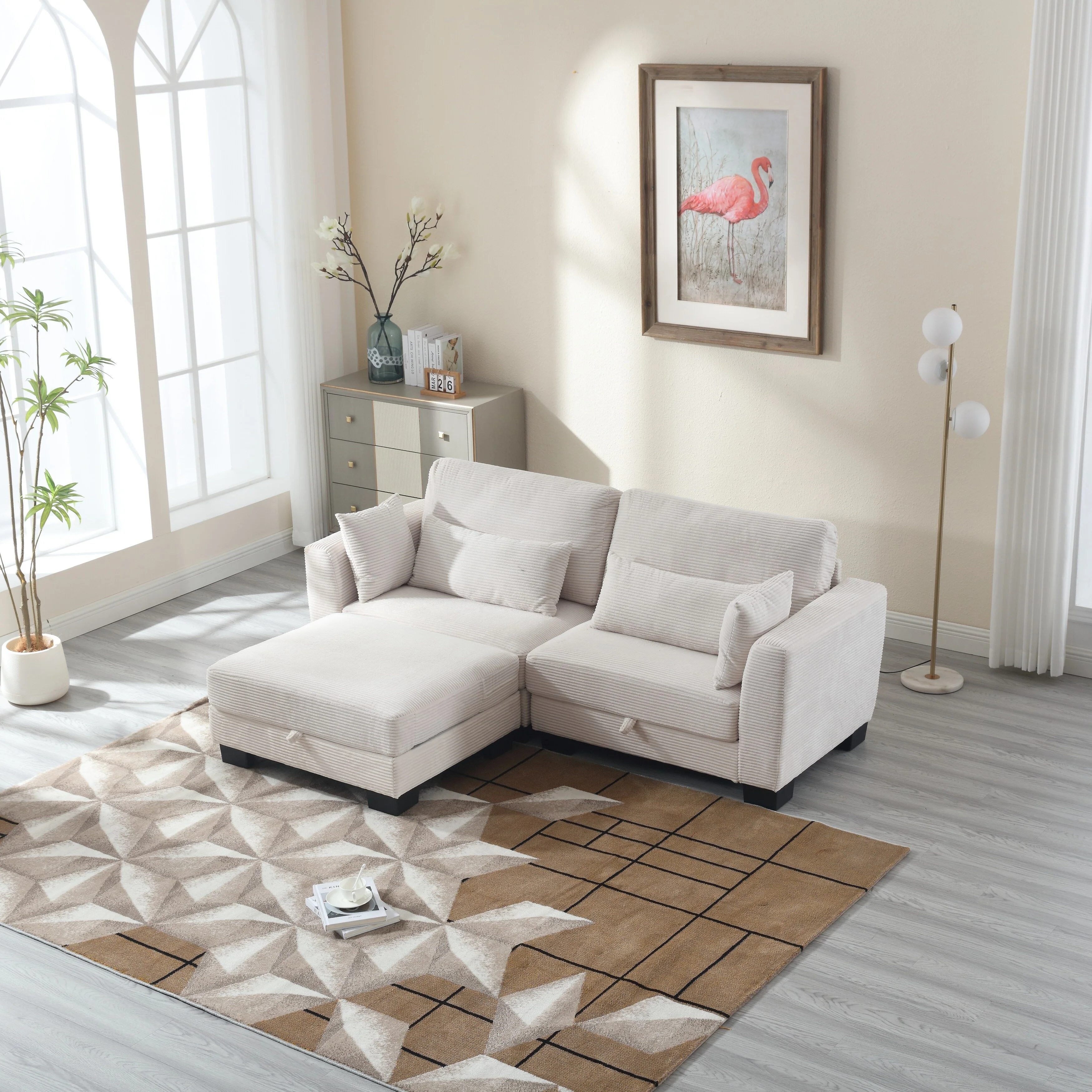 Beige 86.61'' L-Shaped 2-Seat Modular Sectional Sofa with Reversible Chaise and Storage Seats, Reliable Solid Wood Construction