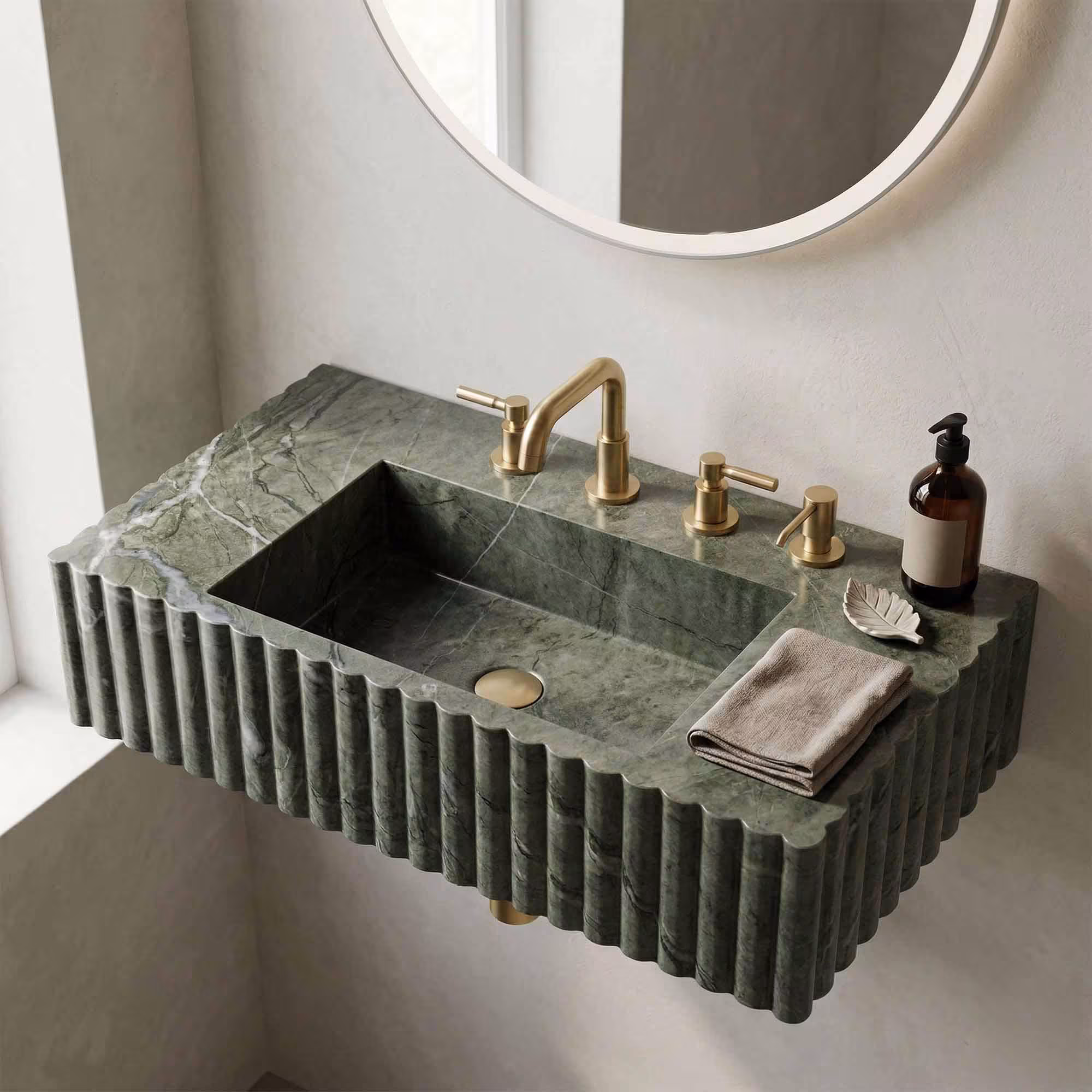 Hand Carved Green Marble Fluted Sink, Integrated Stone Vanity Basin