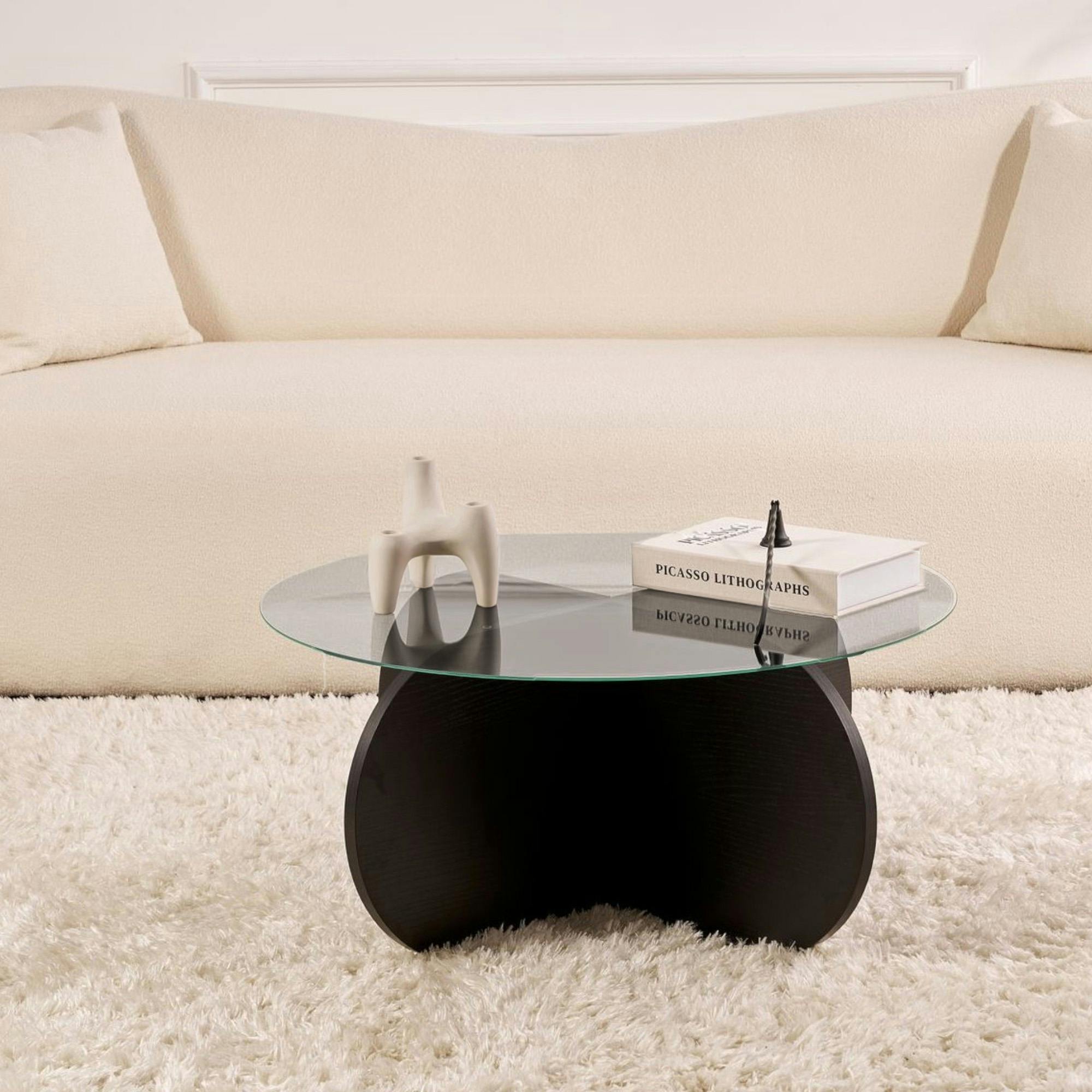 Table basse verre fumé - pied en croix effet bois noir SALTA