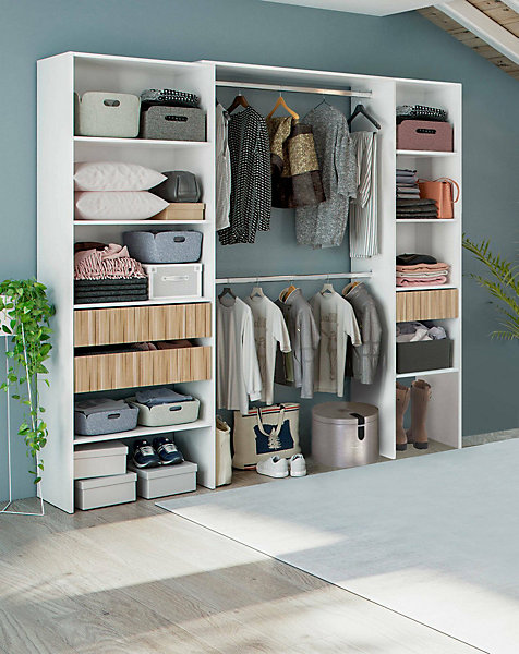 Armoire Worland, Meubles de chambre à coucher, Armoire à vêtements avec Etageres et 3 tiroirs, 196x40h187 cm, Blanc et Chêne