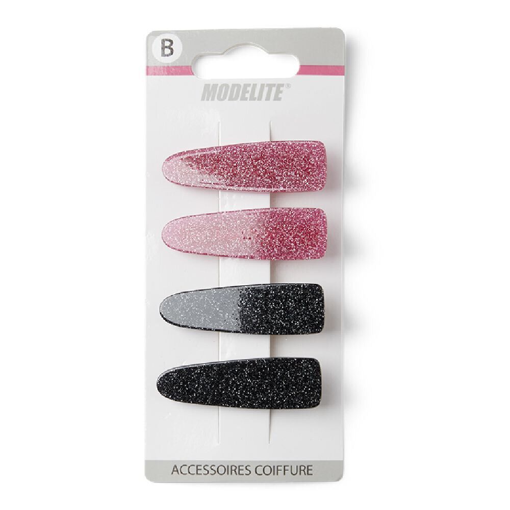 Lot de 4 pinces à cheveux plates crocodile paillettes noir et rose