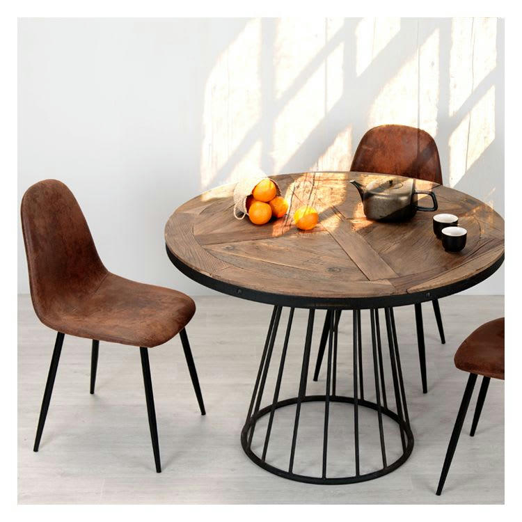 PRALUS - Table ronde 5 personnes en bois de cèdre et pied en métal D110 cm