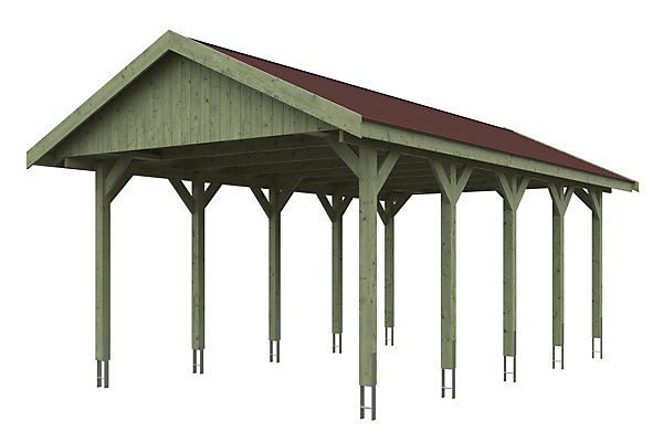 Carport SKAN HOLZ Wallgau 430 x 750 cm, imprégné vert, avec bardeaux rouge
