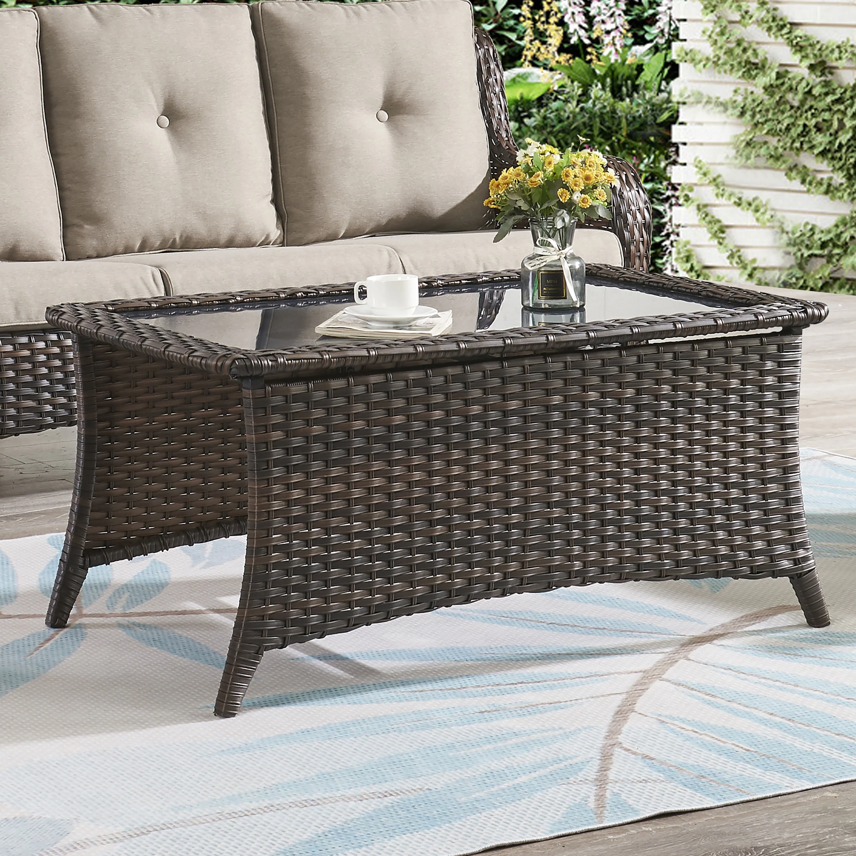 Pocassy Outdoor Patio Wicker Coffee Table-Rectangle - 46.5X28.5X21