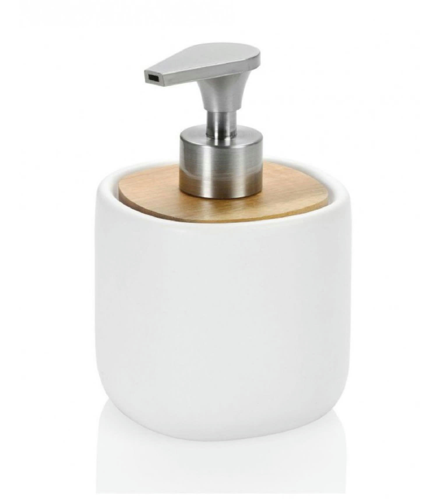 ACACIA - Distributeur de savon en céramique blanche et acacia