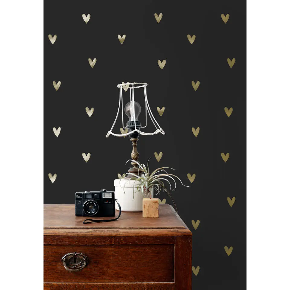 ESTAhome behang hartjes goud en zwart - 53 cm x 10.05 m