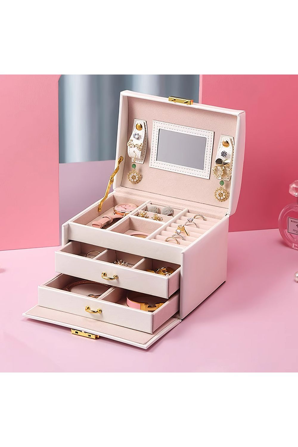 SHEONLY White PU Leather Jewellery Box with Mechanism Key Lock
