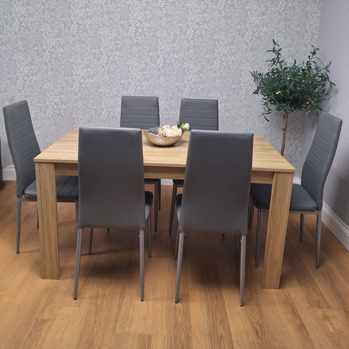 KOSY KOALA Oak Effect Dining Table Set With 6 Grey Faux Leather Chairs Dining Room Furniture
