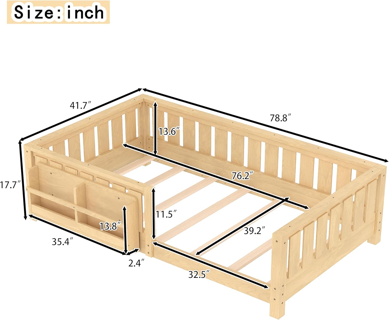 Bellemave Twin Floor Bed with Slats and Safety Guardrail, Twin Size Montessori Floor Bed with Fence and Built-in Bookshelf, Easy Assemble Montessori Beds for Kids, Girls, Boys, Light Natural