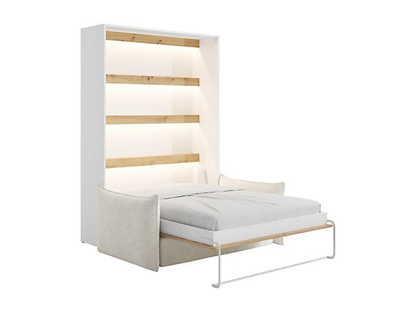 Lit escamotable 140 x 200 cm - Ouverture verticale manuelle - Avec LEDs - Blanc et naturel   Canapé   Matelas - RAPILI
