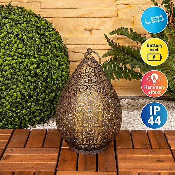 Lampe décorative LED de 27,8 cm de haut en or antique, pour l'extérieur, en métal et plastique, avec LED intégrée