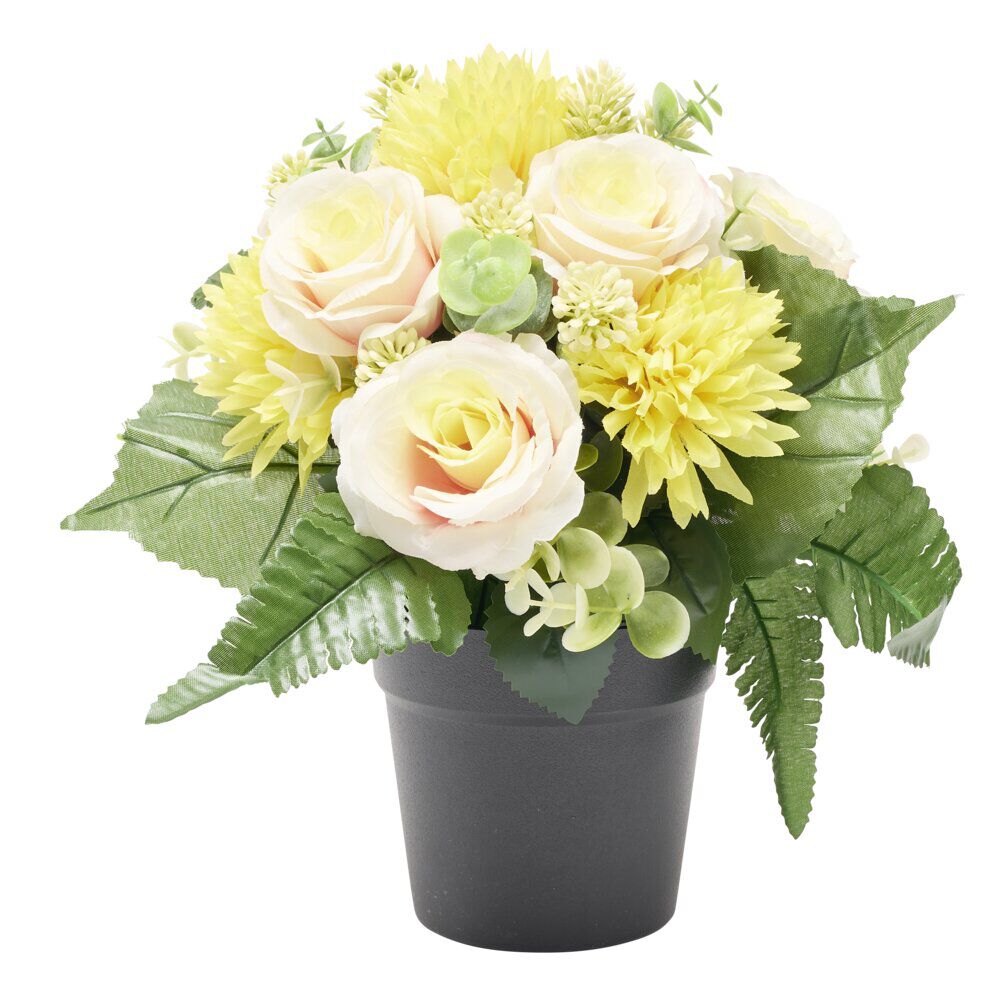 Pot de fleurs artificielles roses et chrysanthèmes jaune Ø26&times;H26cm