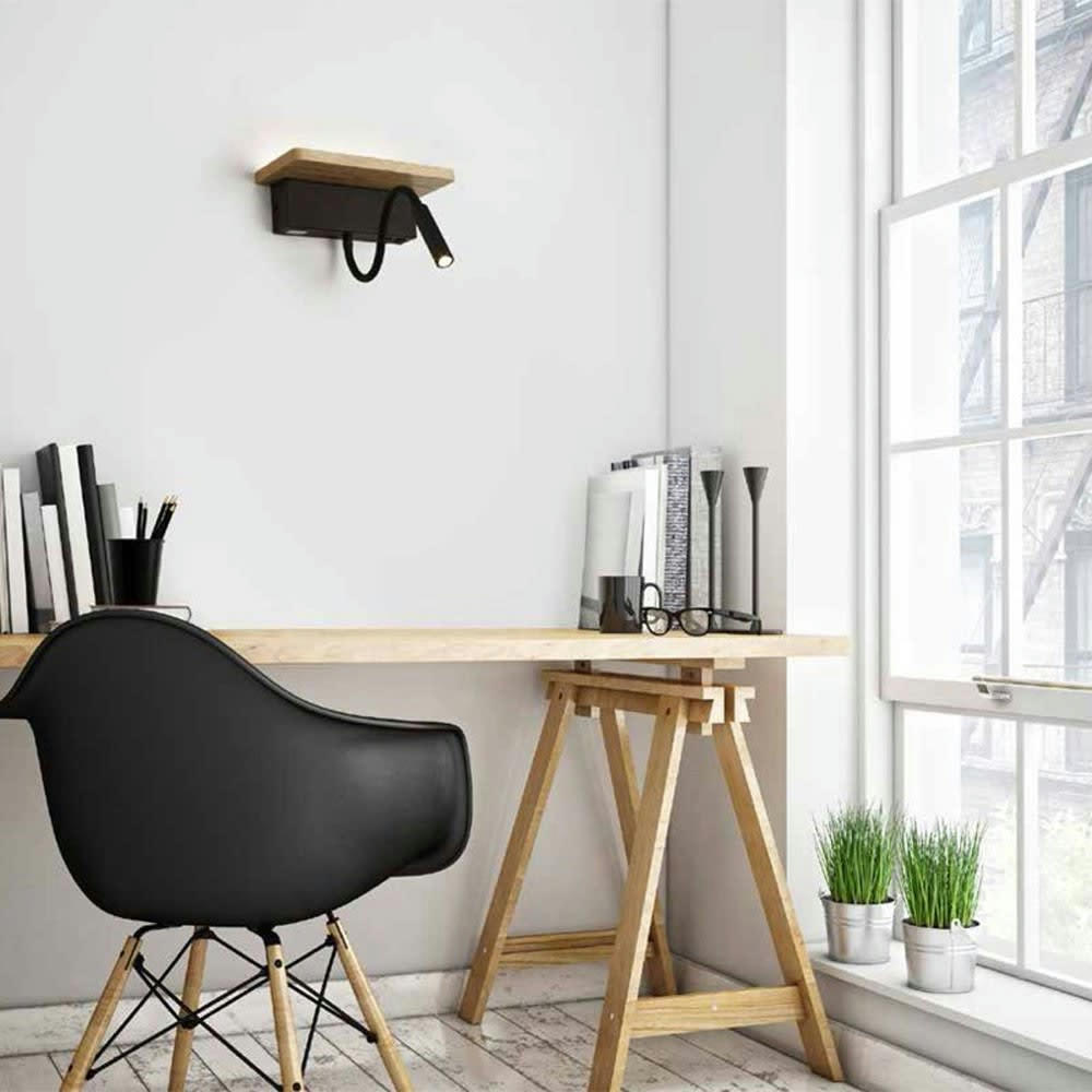 BACH - Applique orientable avec étagère et double éclairage noir rustique