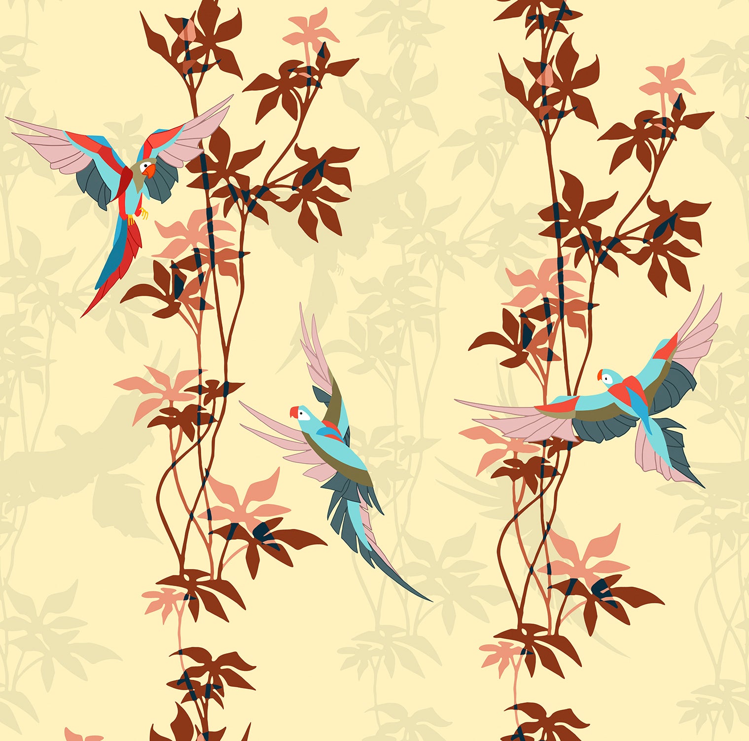 Walls4You behang tropische planten geel en terracotta - 53 cm x 10 m - 640112