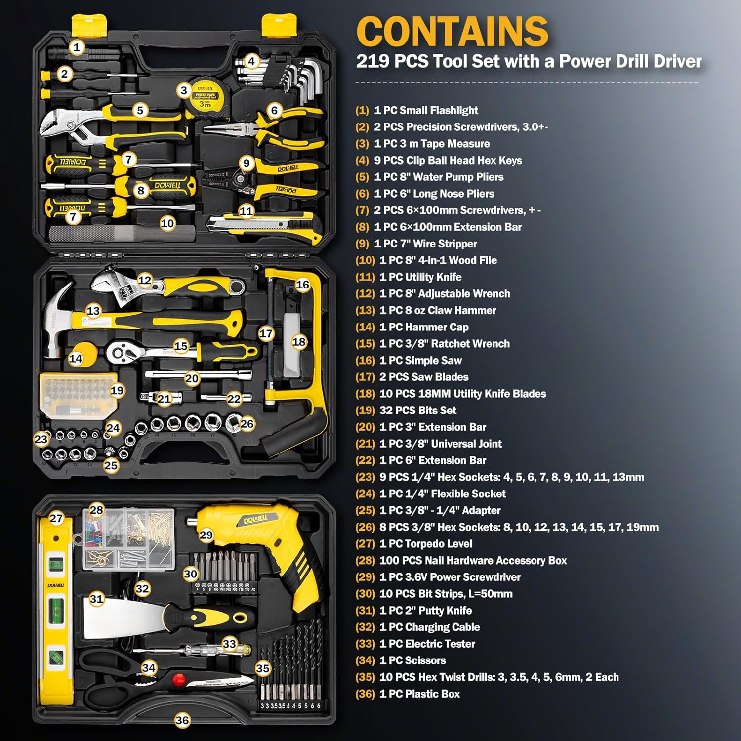 DOWELL 219-Piece Home Tool Set with 3.6V Electric Screwdriver, General Household Tool Kit in Drawer Toolbox for DIY, Furniture Assembly & Repair (Screwdriver, Hex Keys, Wrench, Hammer Included)