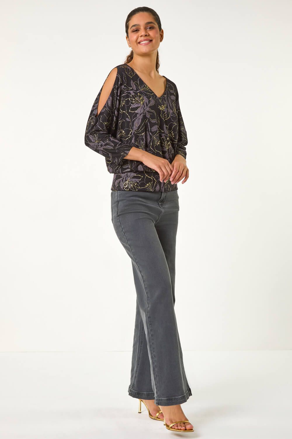 Roman Sparkle Floral Print V-Neck Banded Hem Top
