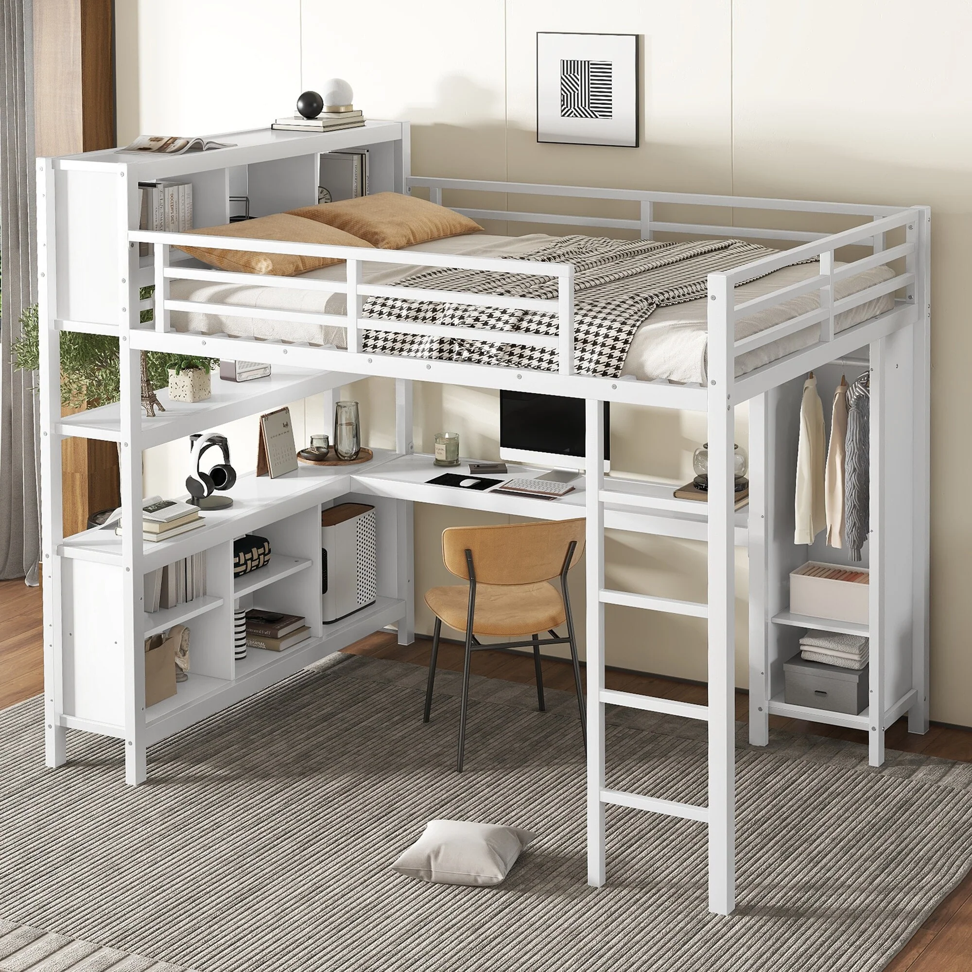 Metal Loft Bed with Wardrobe And L-shaped Desk, Queen Size Loft Bed with Storage Cubes and Shelves, Heavy Duty Loft Bed