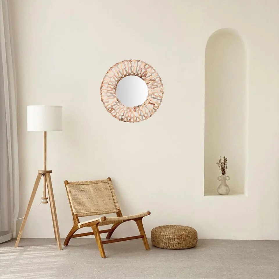Natural Living Ronde wandspiegel bohemian - bruin - riet - D46cm