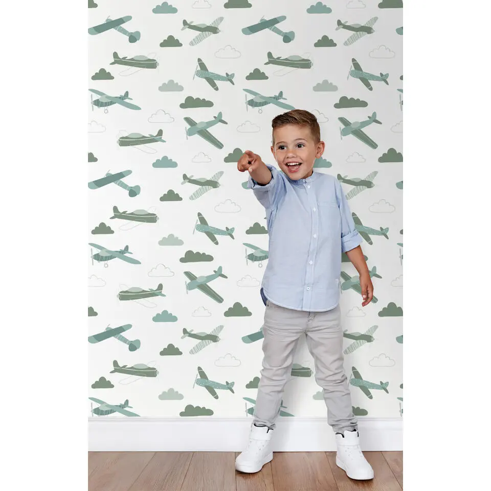 ESTAhome behang vliegtuigen vergrijsd groen en blauw - 50 x 900 cm