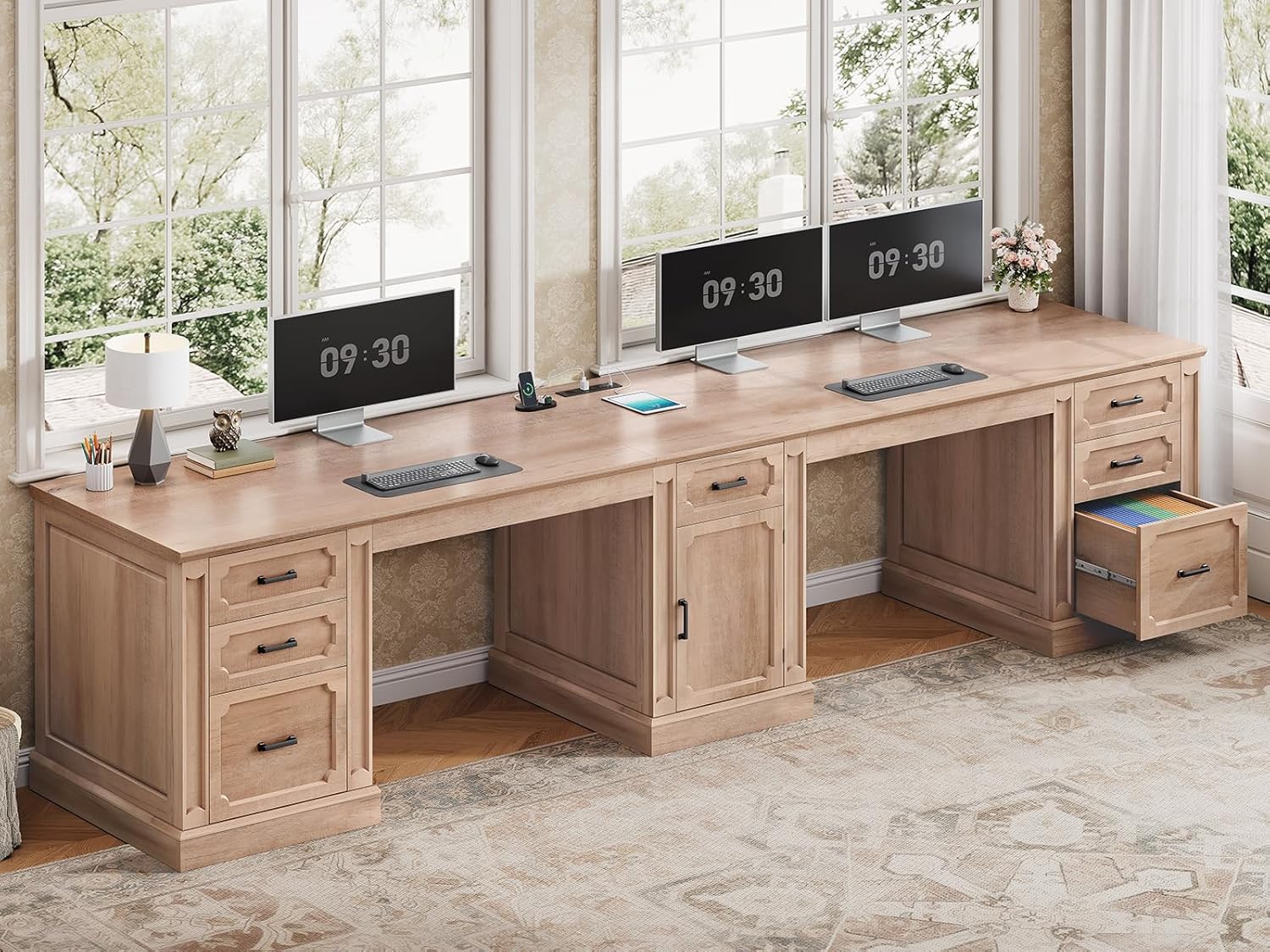 SEDETA Farmhouse 110.3 Two Person Desk with 7 Drawers, Long Computer Desk with Storage Cabinet, 2 Person Desk with Power Outlets for Home Office, Natural Oak