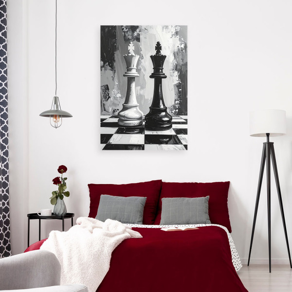 Obraz do biura salonu pokoju Szachy 3D Król, Pionki Czarno Biała 20x30