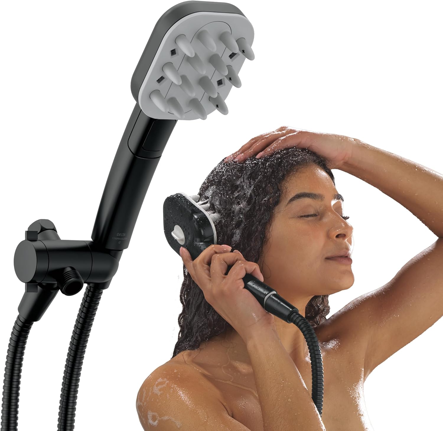 Delta VersaCurl Detangling Handheld Shower Head Tool for Curly Hair with 3 Curl Defining Brush Inserts Included, Detangler Brush Hand Shower with Hose, Matte Black 74B430BL