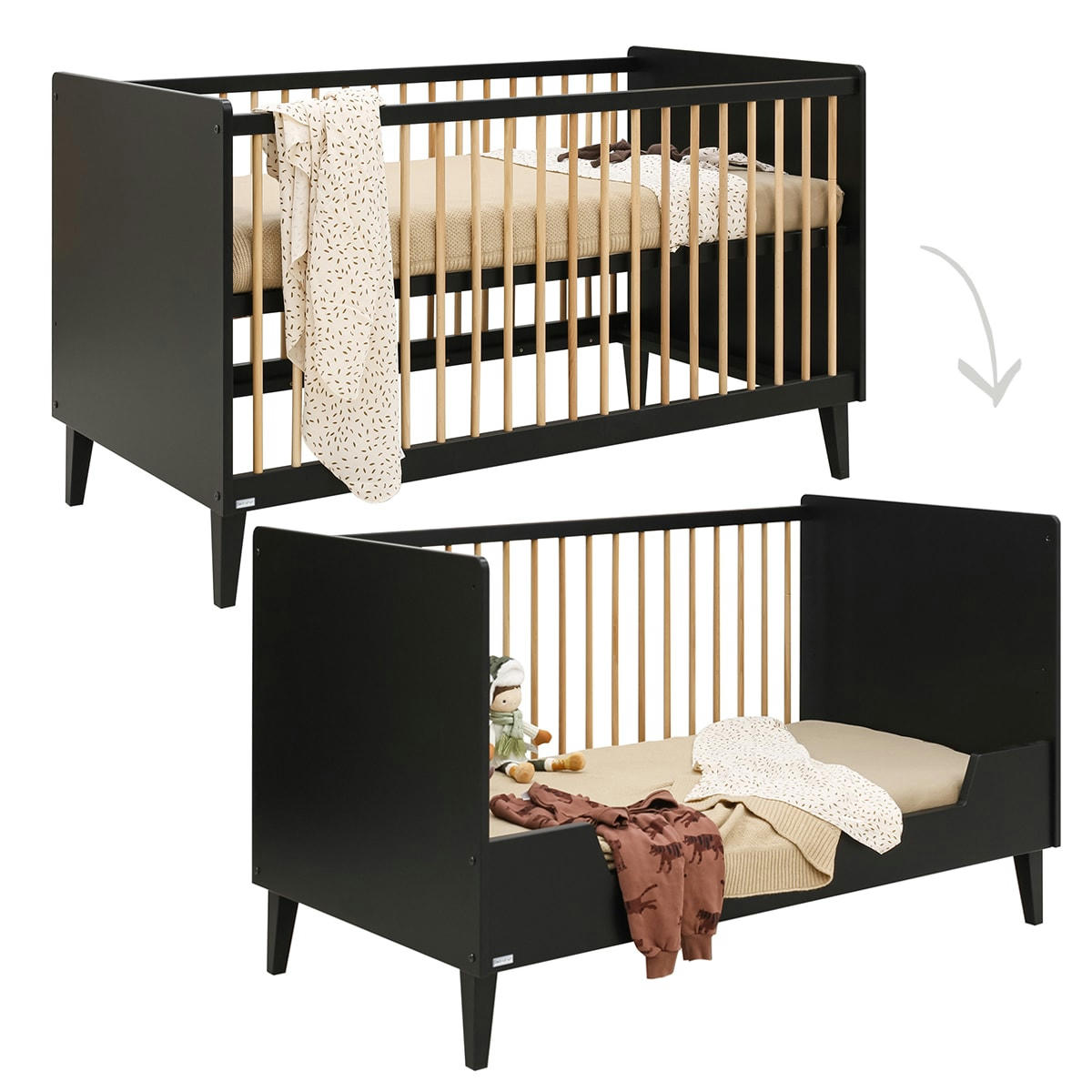 DUO - XEM - Lit évolutif 70x140 armoire 2 portes noir naturel