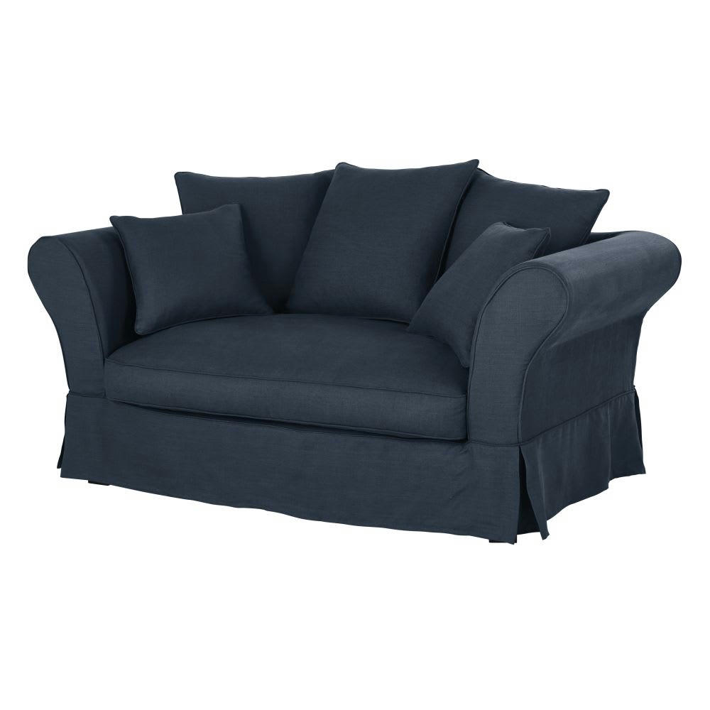 Roma - Housse de canapé 2 places en lin froissé bleu nuit