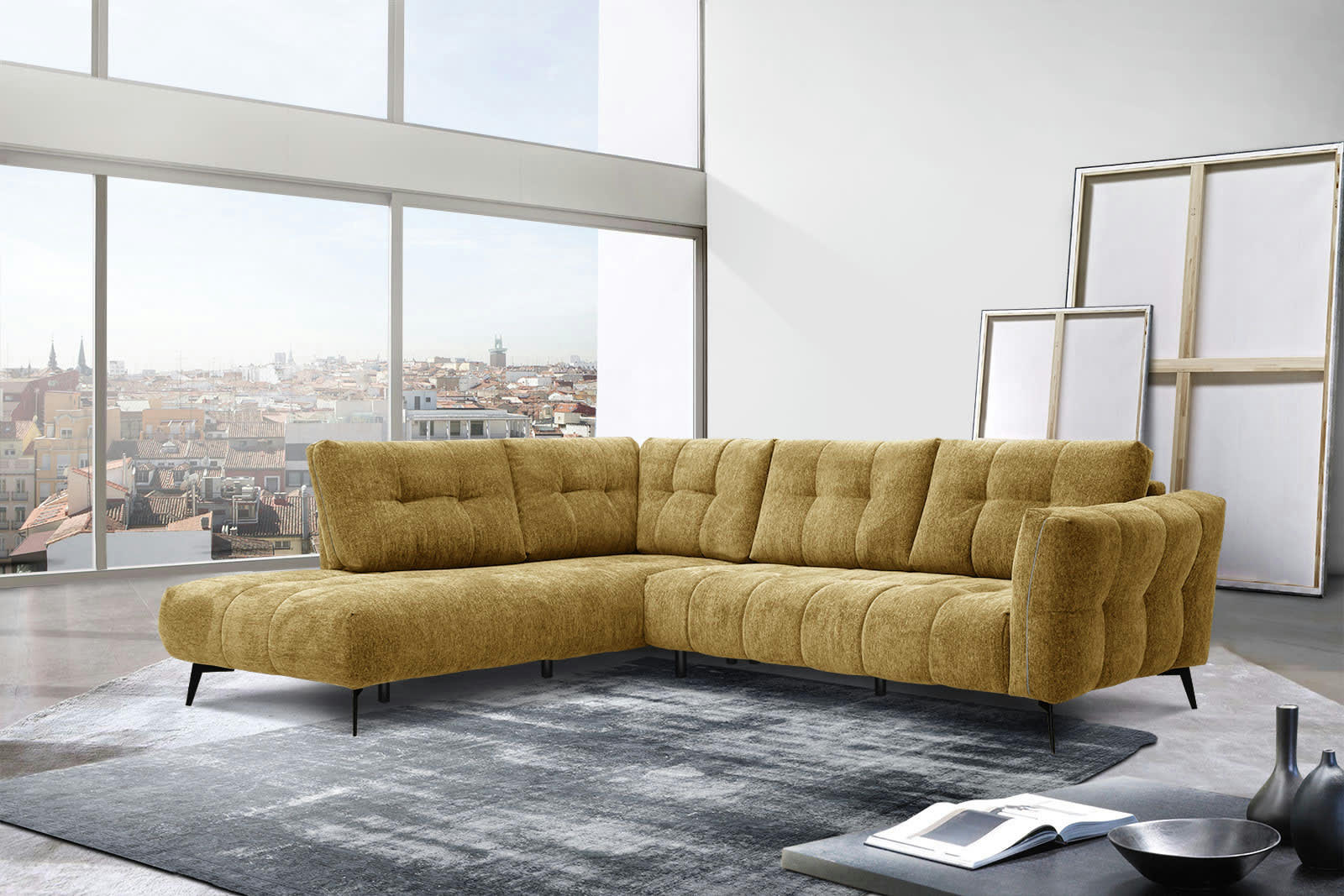 KALMER - Canapé d'angle gauche 5 places tissu jaune