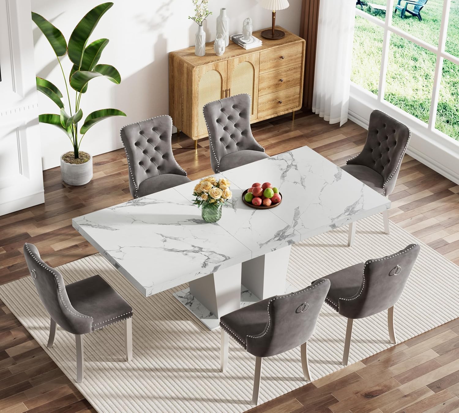 Henf 7 Pieces Faux Marble Dining Table Set for 6, 63-79 Extendable Dining Room Table and 6 Grey Tufted Chairs Set for 6, Modern Large Expandable Kitchen Table with White Double Columns Base