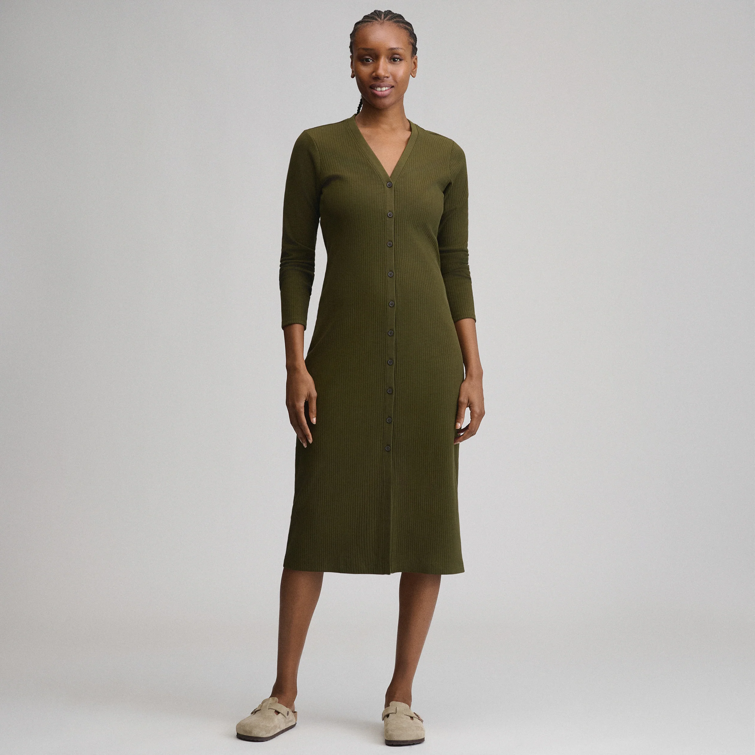 Women's Long-Sleeve Button Front Ribbed Knit Midi Dress