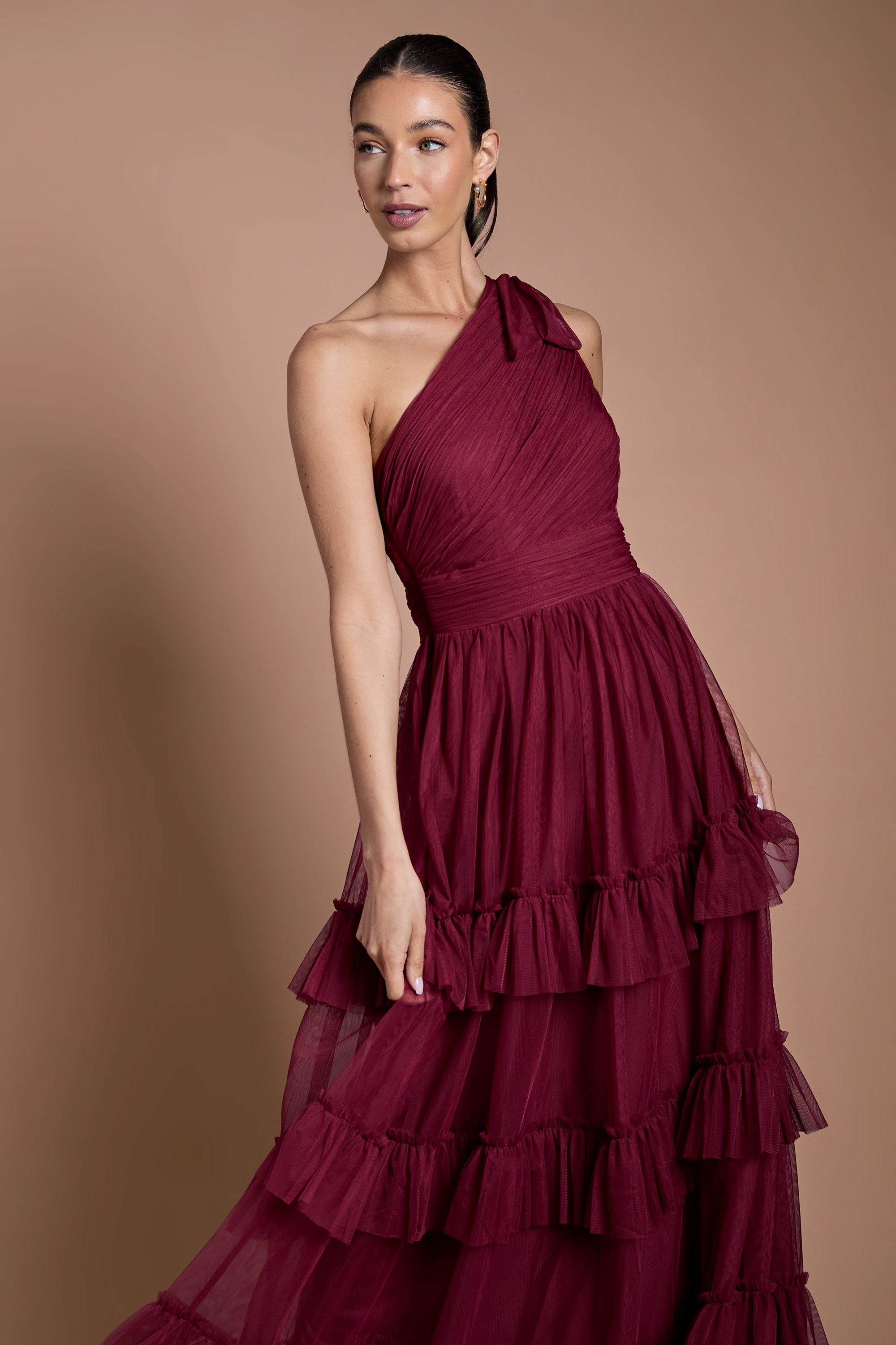 Oasis Wine Pleated Mesh One Shoulder Tiered Maxi Bridesmaid Maxi Dress