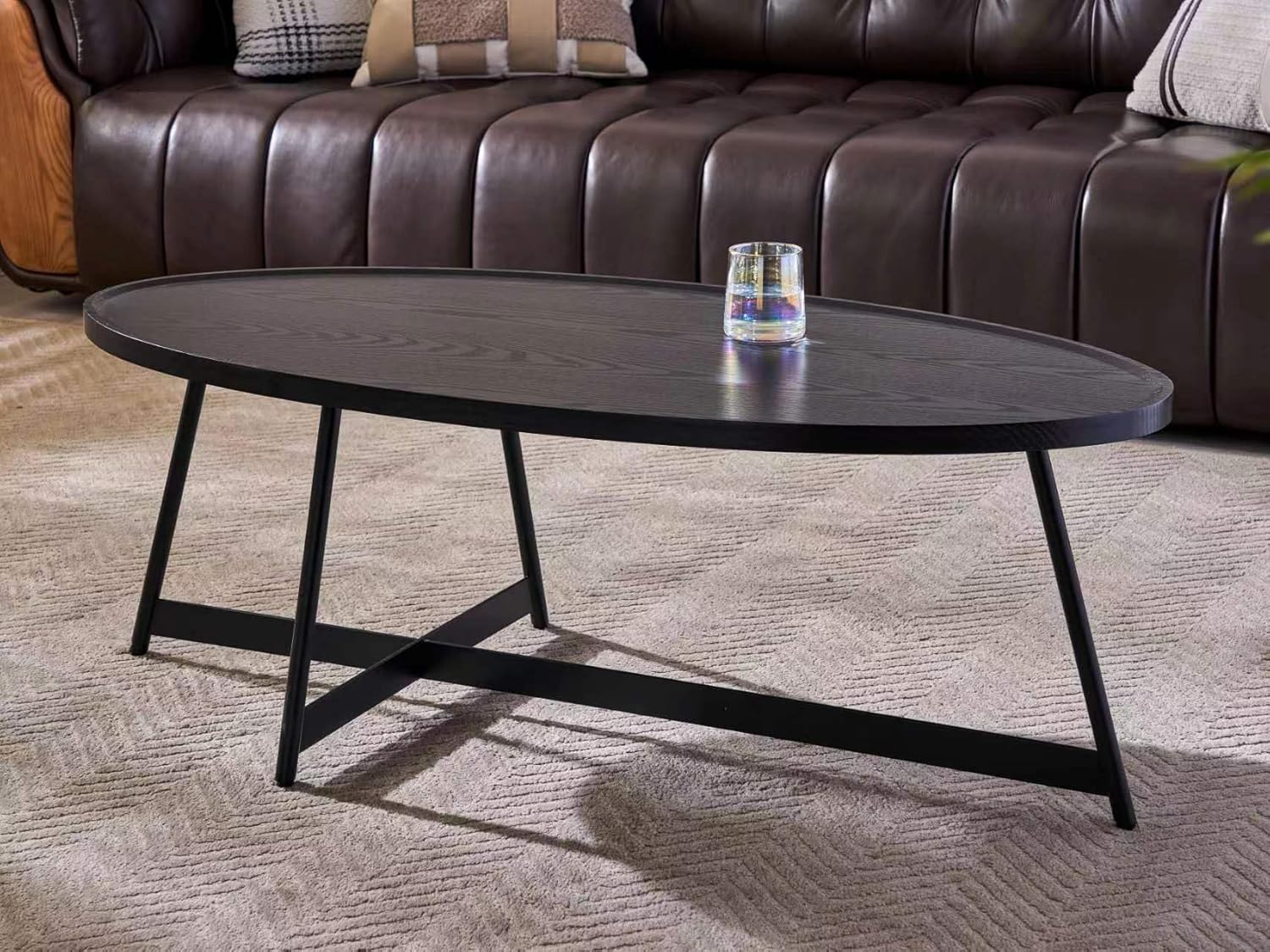 Shrine Wood Coffee Table, Walnut Table for Living Room, Metal Wood Table, 43.3 D x 21.6 W x 15.7 H, Black Wood Base & Metal Frame