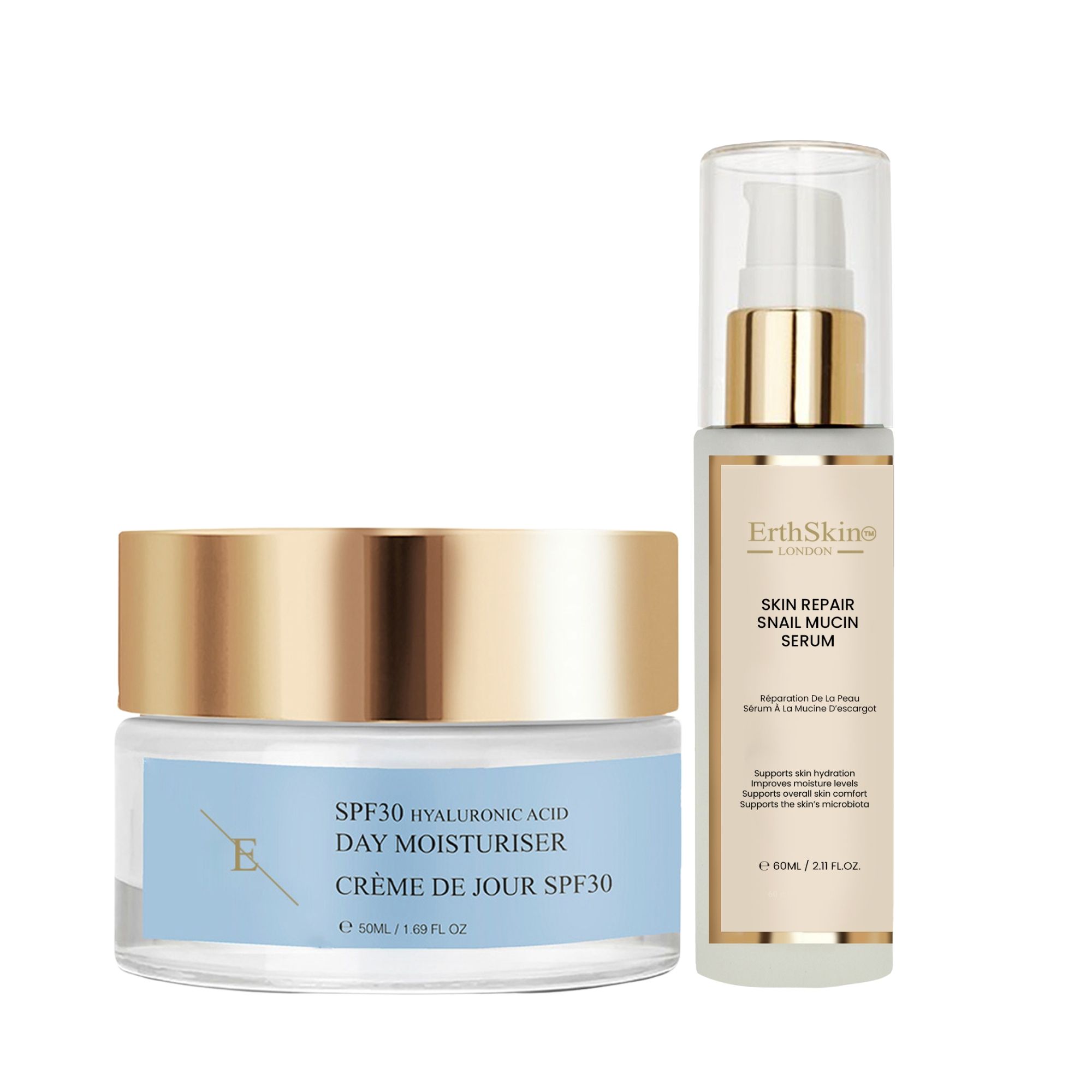 Erth Skin London Snail Mucin Serum 60ml   SPF 30 Hyaluronic Day Cream 50ml