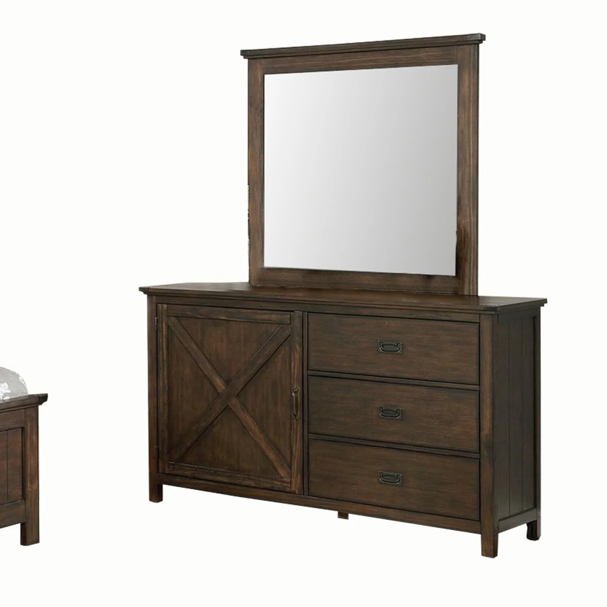 4 Piece Rustic Panel Queen Wooden Bedroom Set, Brown