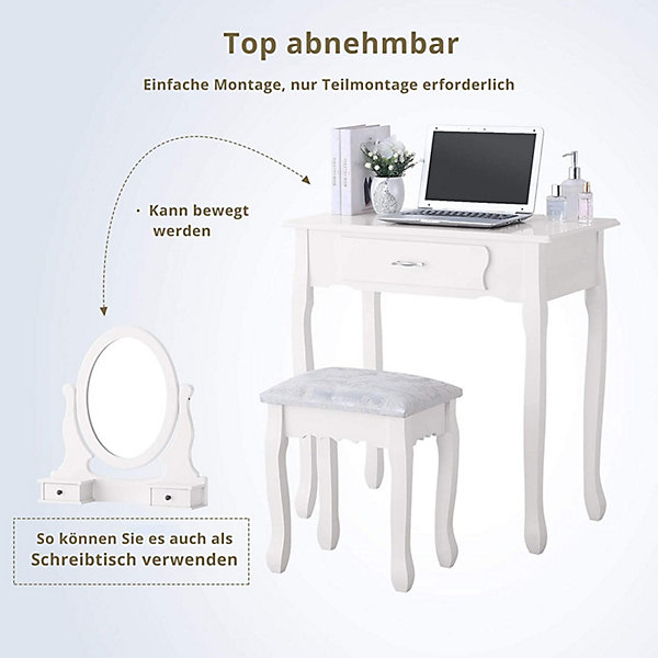 Coiffeuse moderne pour filles, ensemble de table de maquillage avec 3 tiroirs et miroir ovale à 360, tabouret rembourré