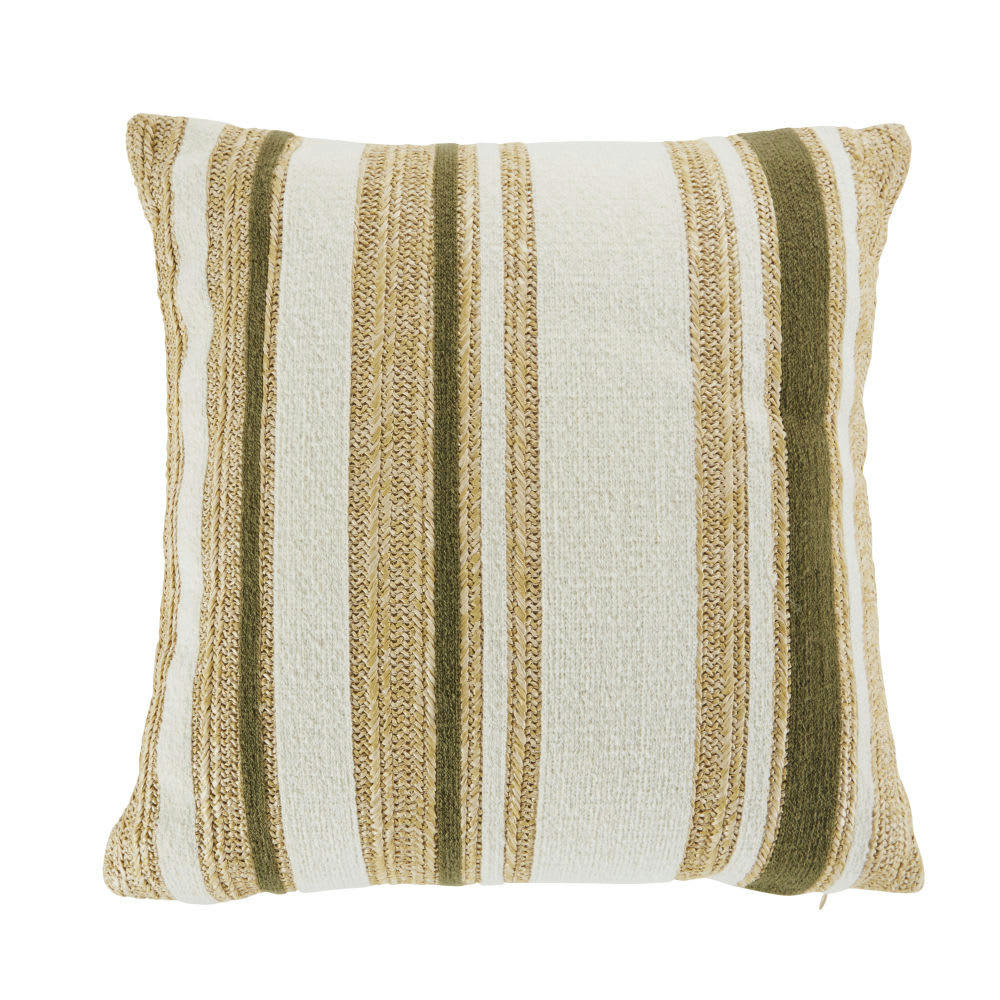 SANTANI - Coussin tressé en polypropylène beige, vert kaki et écru 45x45