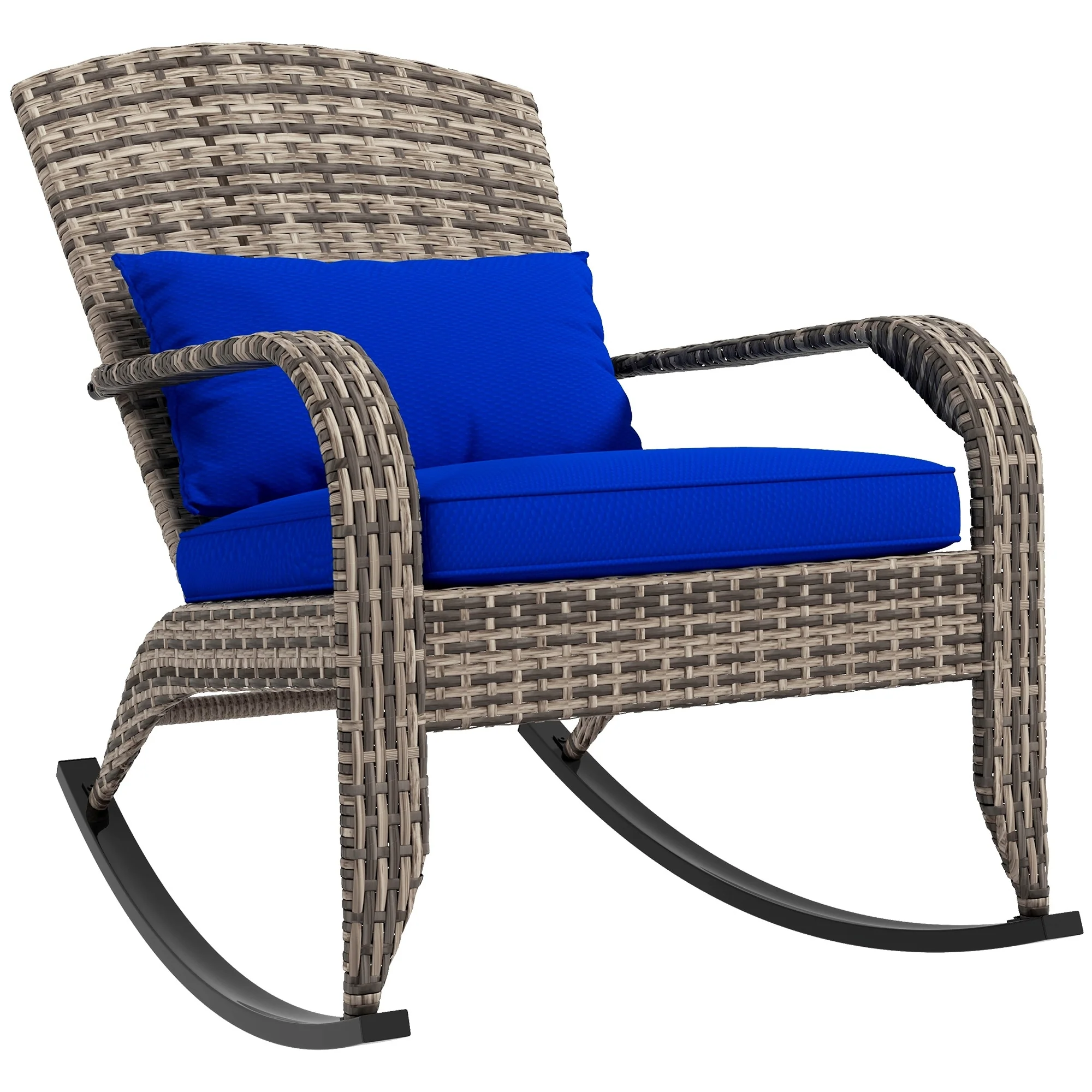 Outsunny Outdoor Wicker Adirondack Rocking Chair, Patio Rattan Rocker Chair with High Back, Seat Cushion, and Pillow for Garden
